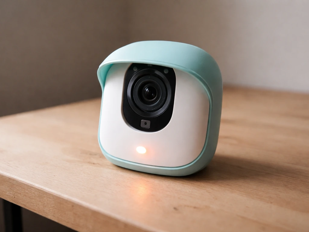 Bird Buddy camera module on a workbench with a small status LED glowing, suggesting an OTA update issue.