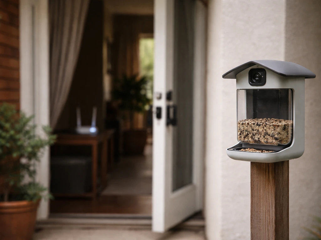 Smart weather bird feeder on a far porch with a nearby router in shadowy distance, weak-signal vibe.
