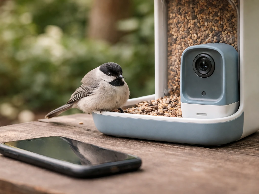 A small bird fluffed on a bird feeder beside a phone showing an offline-style cue, garden background blur.