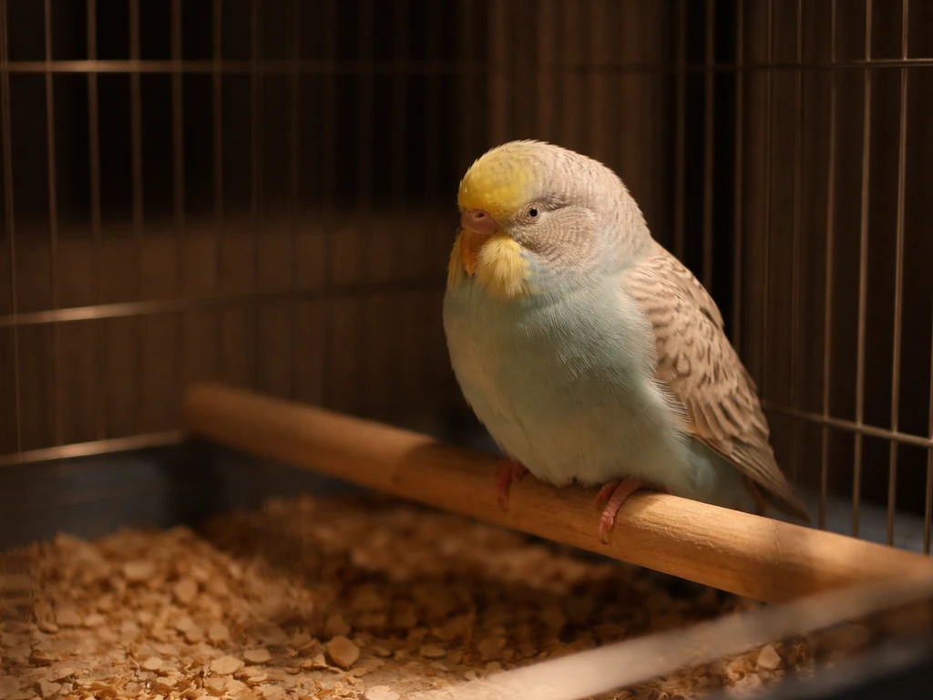 Sleepy pet bird resting quietly in its cage at night with warm dim light.
