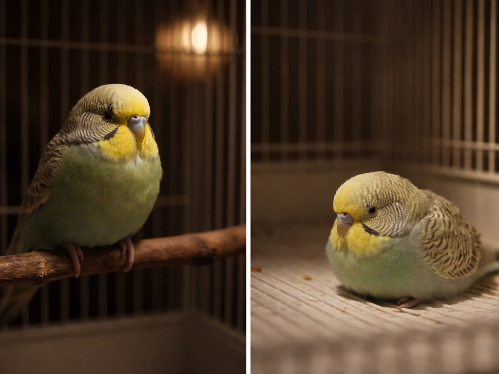 Split photo: relaxed perched bird at night vs slumped bird resting on cage floor.