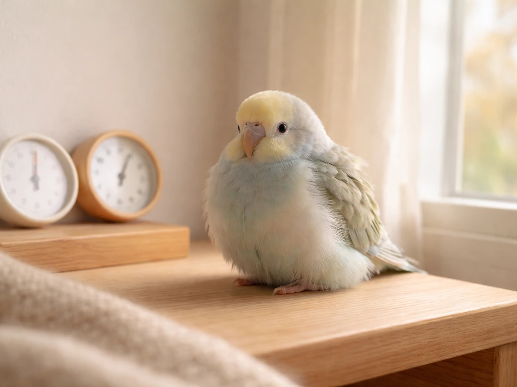 Small pet bird fluffed up near a warm, draft-free window area with a room temperature gauge nearby.