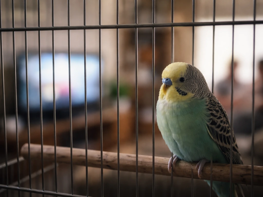 A small pet bird in a cage looks withdrawn while a busy, noisy-looking living room blurs in the background.