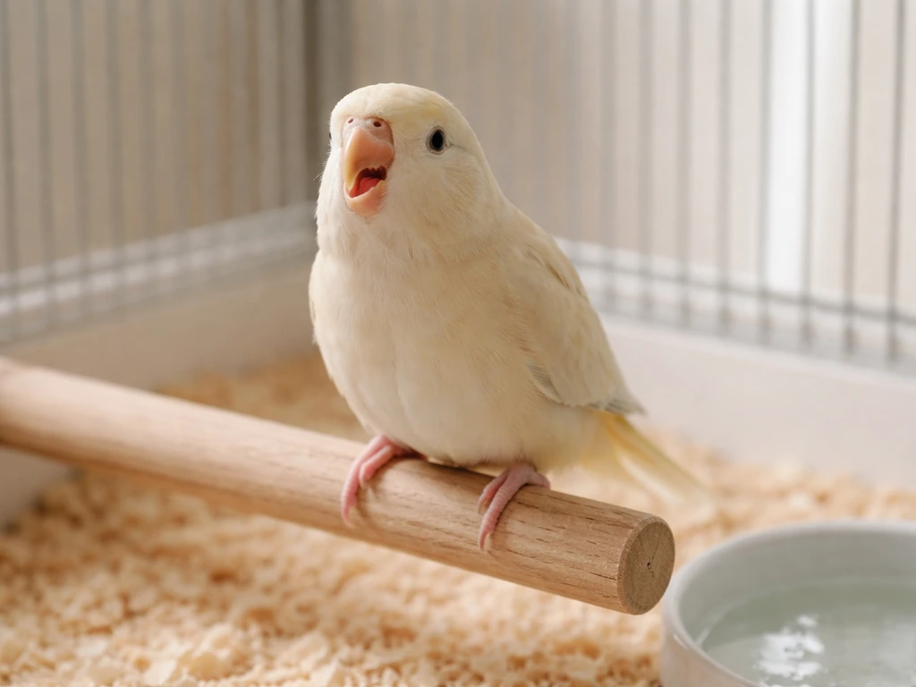 Small pet bird in a calm, safe indoor setup showing open-mouth breathing and tail bobbing posture