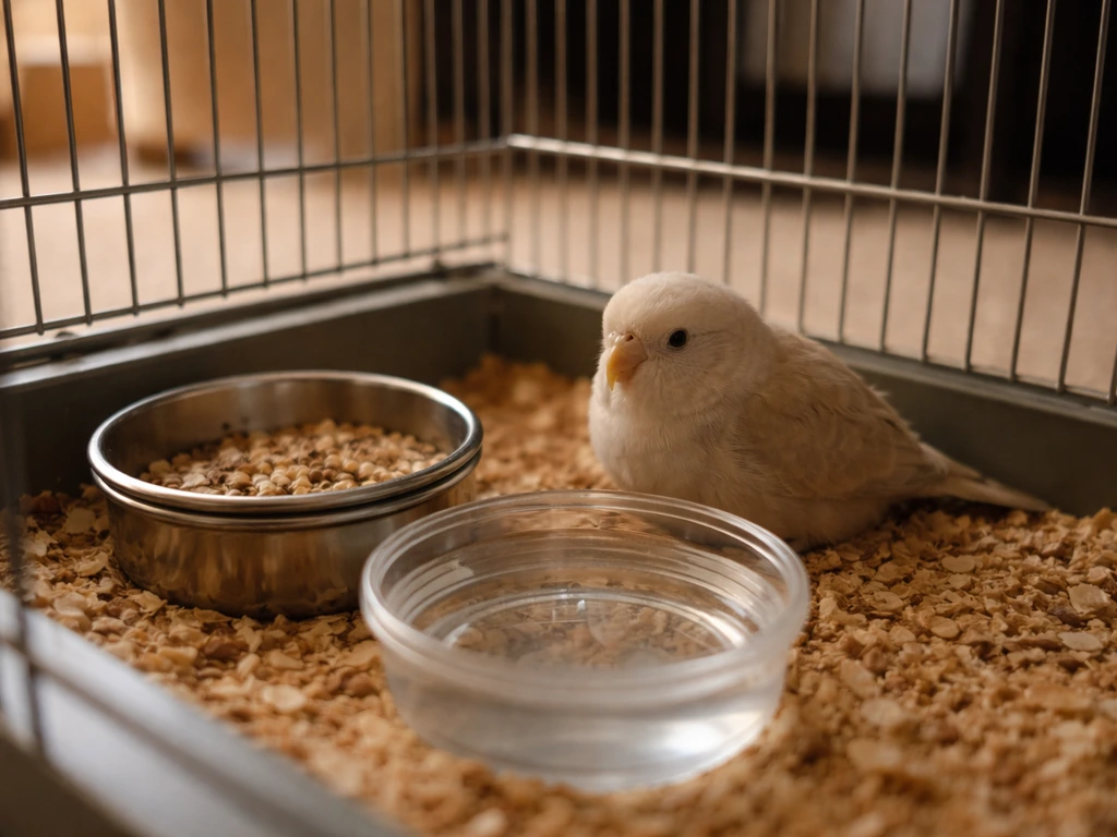 A small pet bird cage with a lowered food dish and water near the floor for easy access.