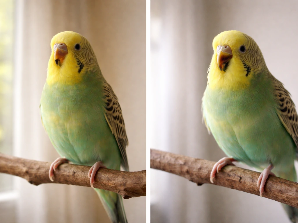 Two small pet birds side-by-side: one calm with rhythmic posture, the other alert and agitated in a different moment.