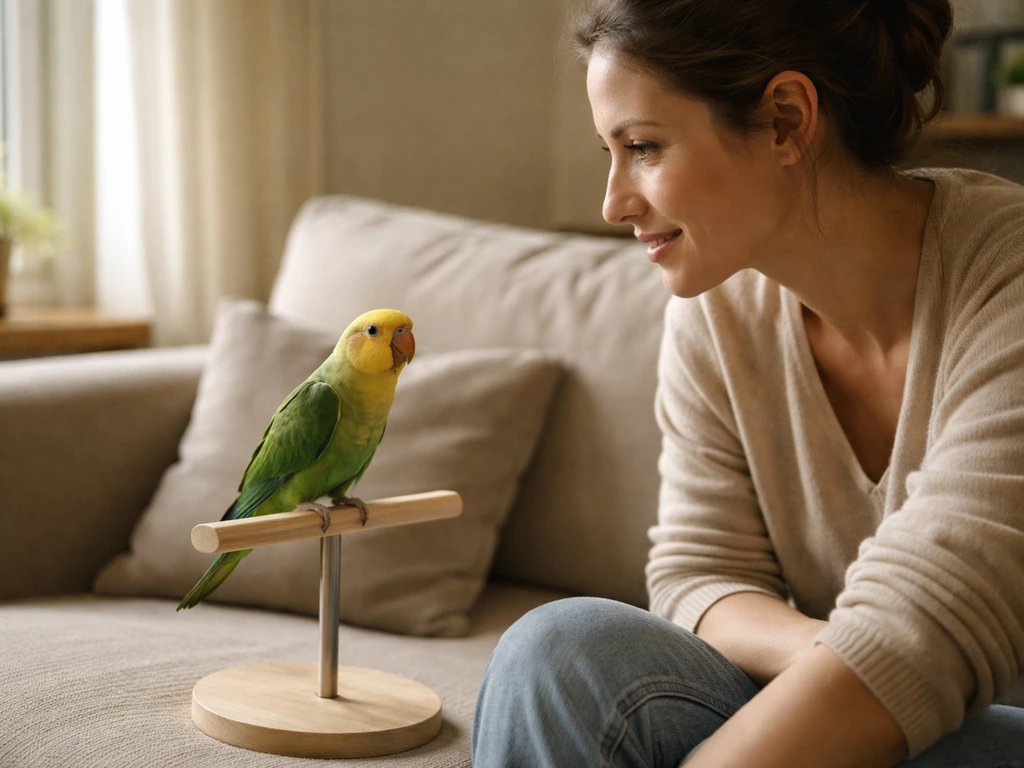 Pet parrot chirping toward its owner as the owner sits nearby, making eye contact in a quiet home room.