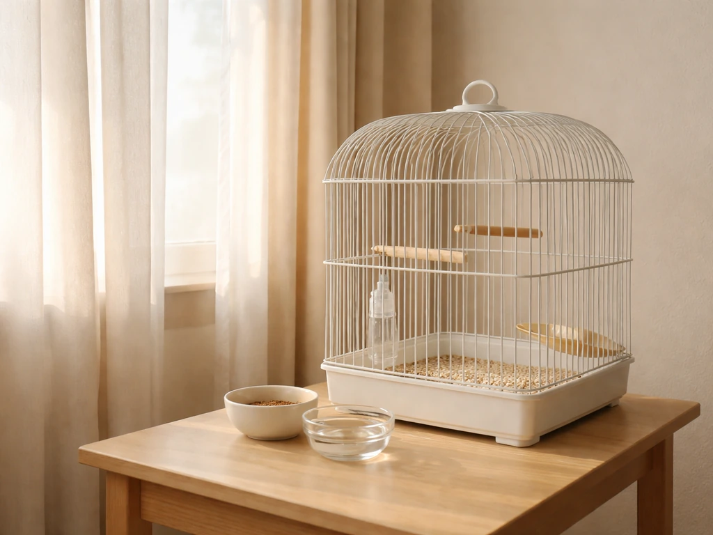 Sunlit room showing a birdcage by curtains with a nearby food and water bowl for daily routine cues.