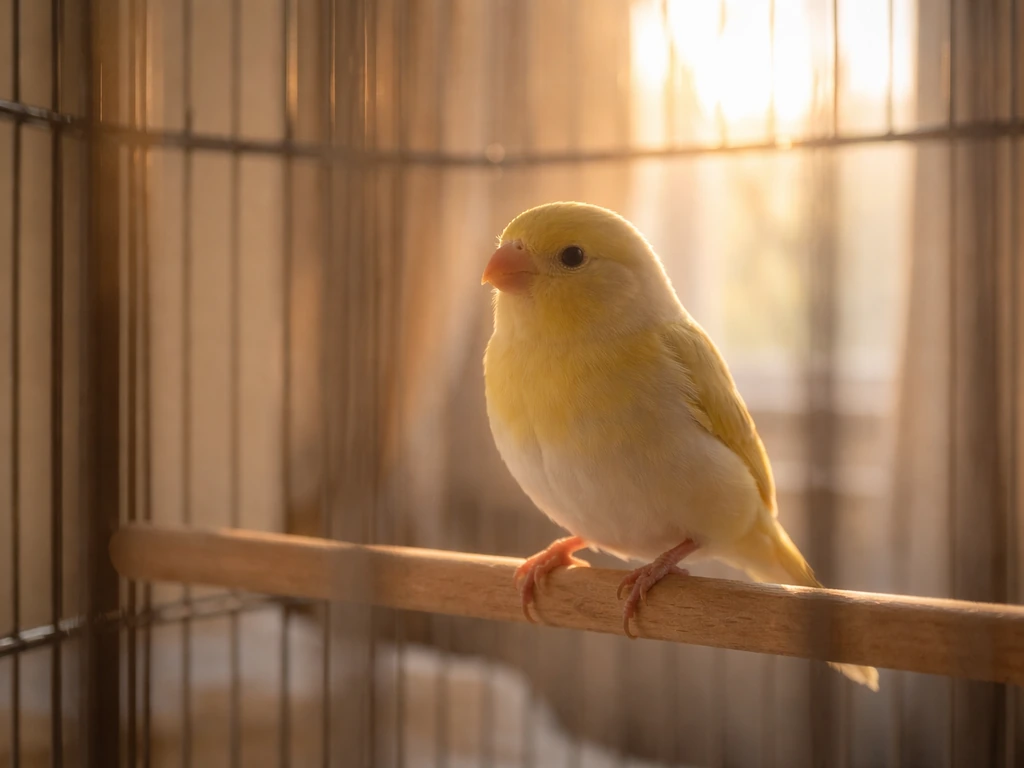 Small bird perched in a cage by a window as early sunrise light streams in.