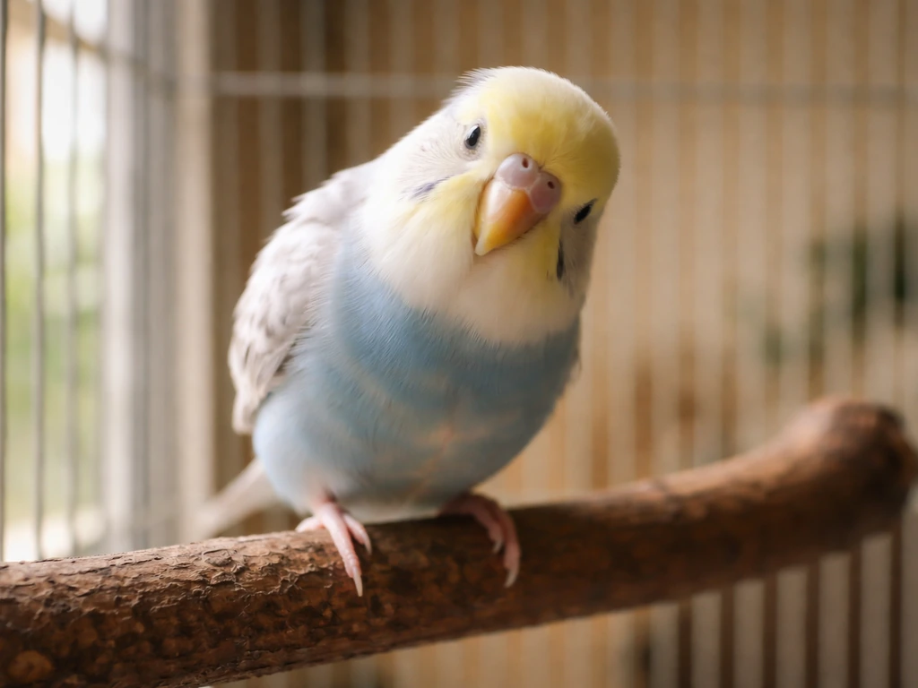 A small pet bird perched in its cage bobbing its head up and down, calm and alert.