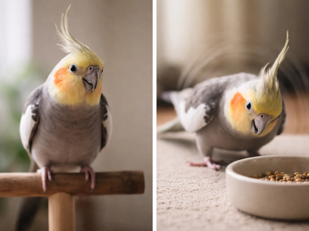 Two pet birds: one bobbing during playful interaction, another bobbing at a food bowl.