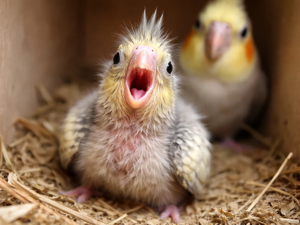Juvenile cockatiel chick in a nest begging with open beak while an adult sits nearby, blurred.