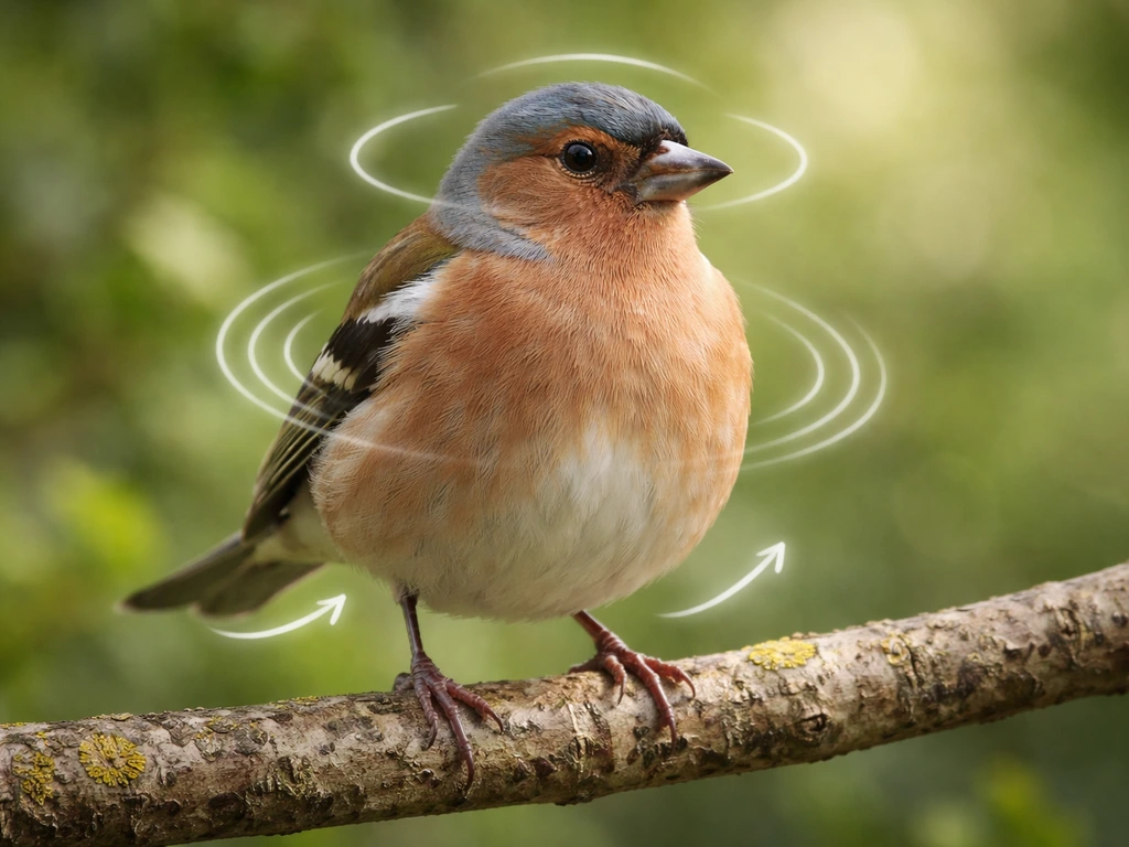 Small songbird perched on a branch with visible posture, eyes, breathing, and tail cues.