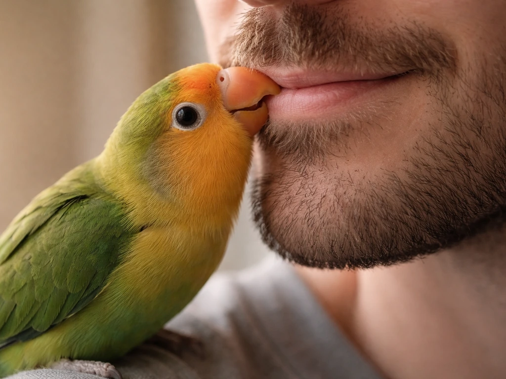 A small parrot gently grooming around a person’s mouth area with its beak in a calm close-up.
