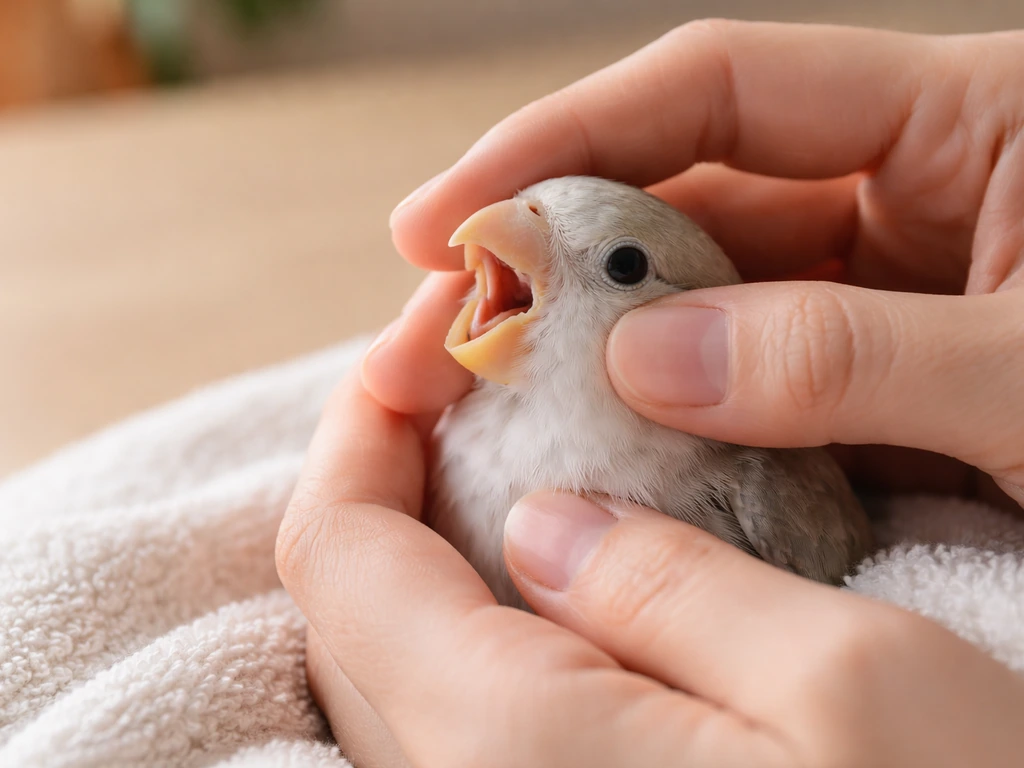 Anonymous hands gently inspecting a small pet bird’s beak and mouth at home in natural light.