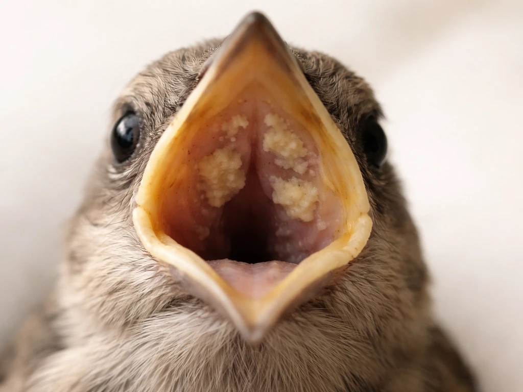 Close-up of a small bird’s open beak showing abnormal yellow-white grey patches inside the mouth.