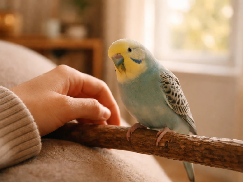 Warm close-up of a small pet bird perched beside its owner’s hand in a cozy, calm room.