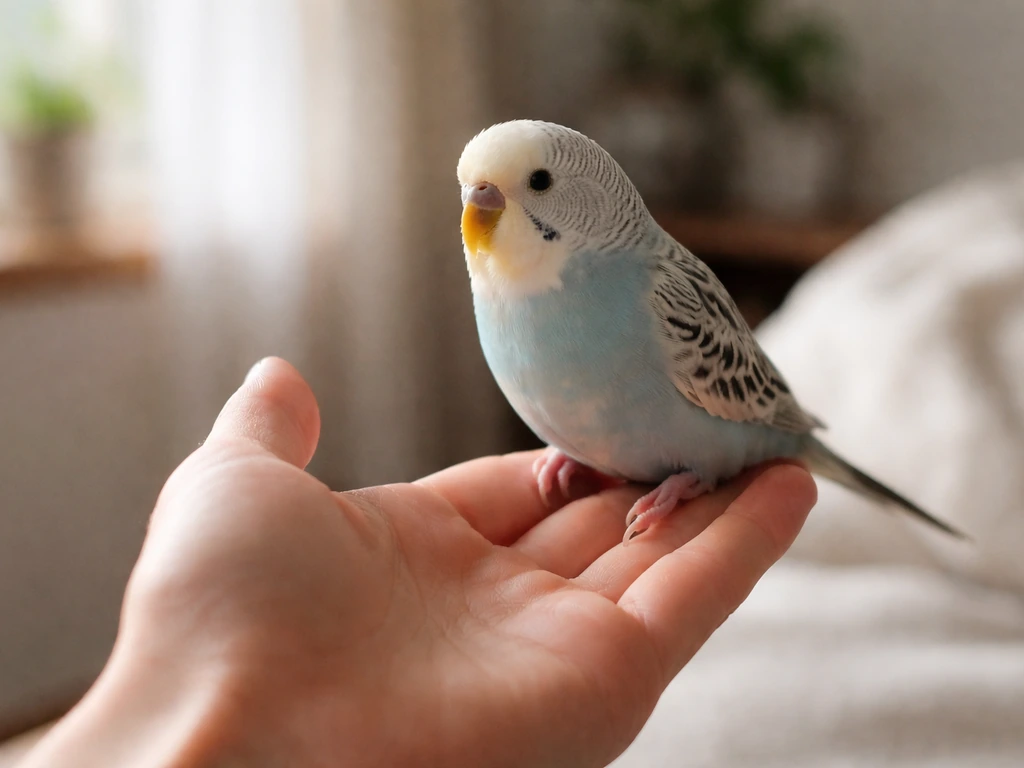 Small bird perched calmly on an open hand, relaxed and trusting in a softly lit room.