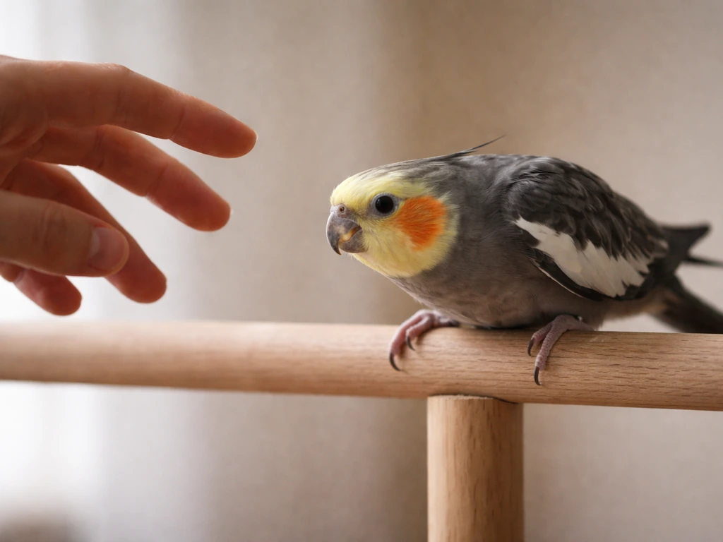 A small bird backs away from a reaching hand, feathers tight and tense in a warning posture.