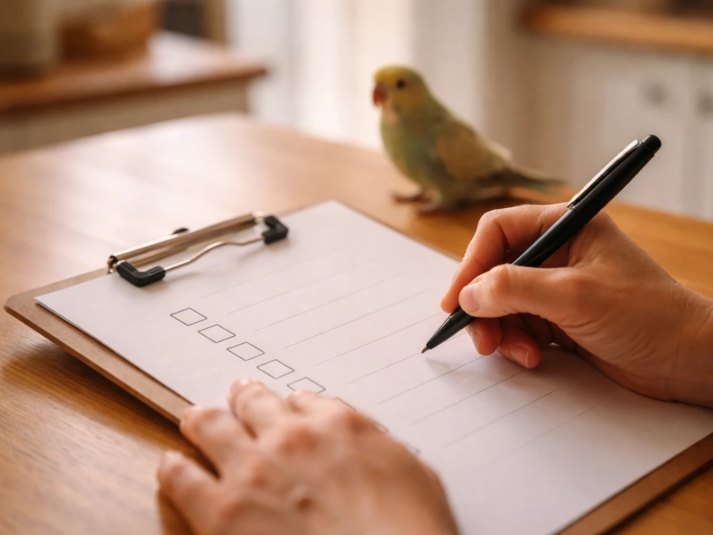 Caregiver marking a simple bond checklist on a clipboard with a calm bird nearby in a quiet room.