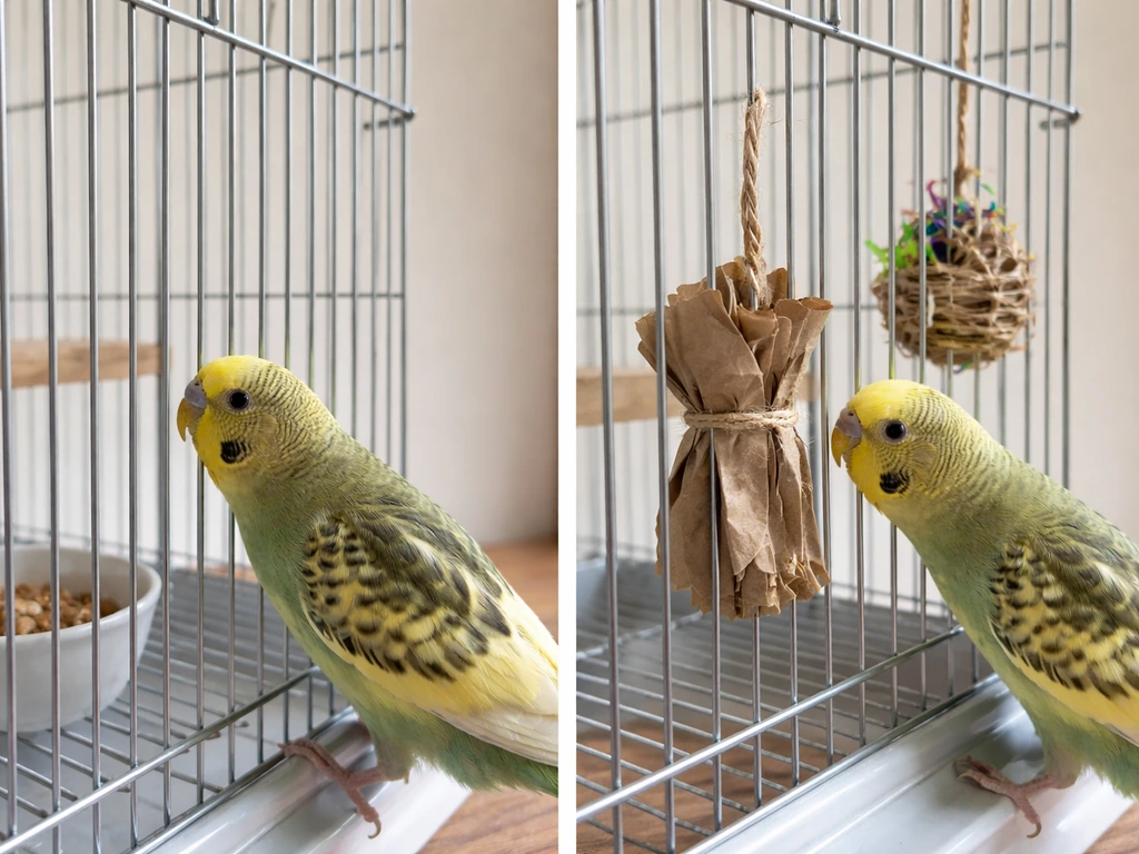 Split image: bird tapping cage bars in a plain cage vs a cage with simple foraging items.