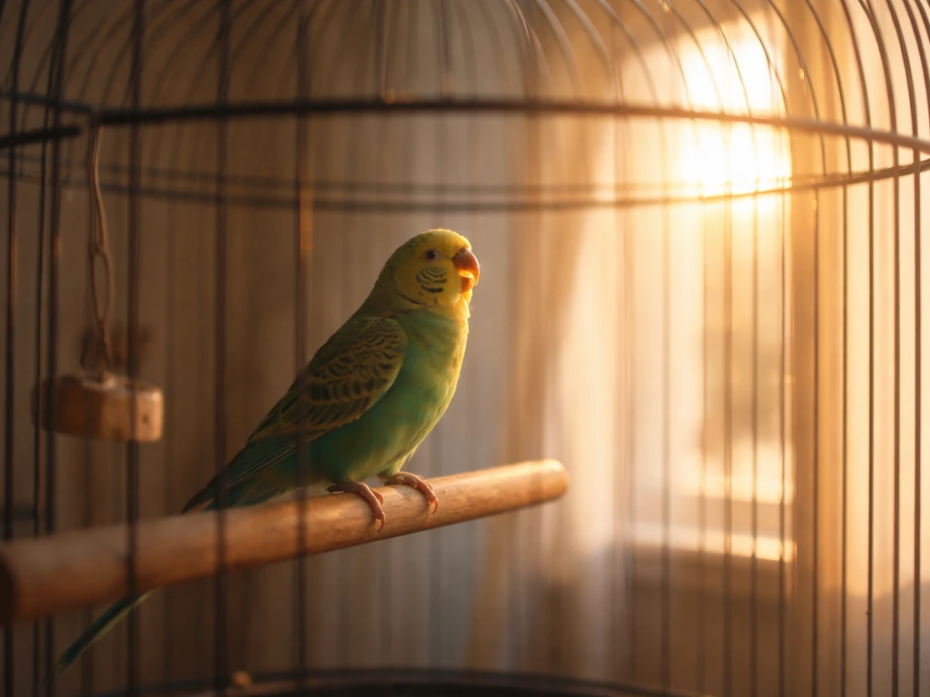 Small pet bird perched inside a cage at sunrise with warm window light.