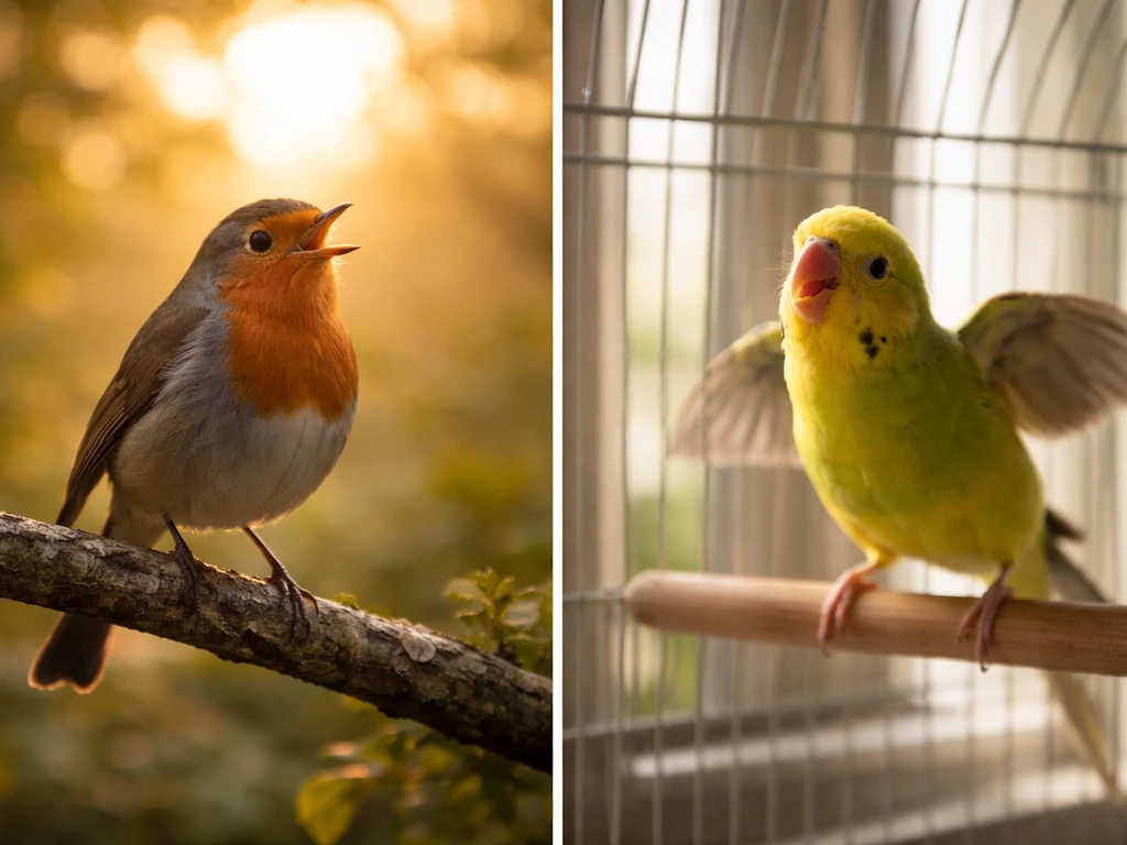 Split scene of two wild birds at sunrise—one singing calmly, one in a cage calling for attention.