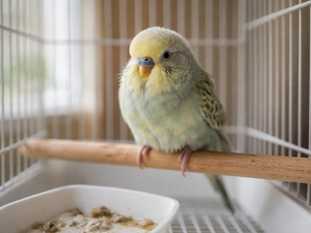 Close-up of a small bird in a simple home setup showing subtle irritation signs like fluffed posture