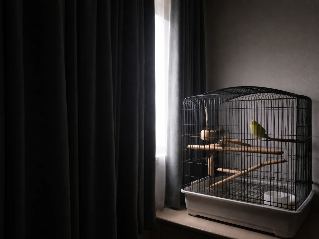 Blackout curtains pulled closed beside a small pet bird cage to block early morning light.