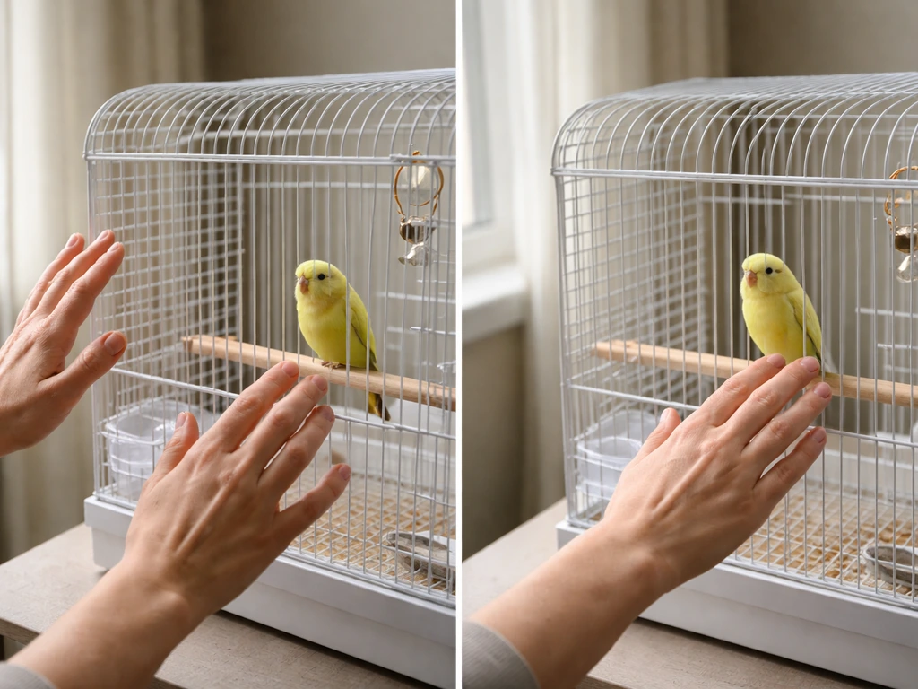 Caregiver’s hands stay back from a small birdcage, then softly reassure the bird on a calm perch