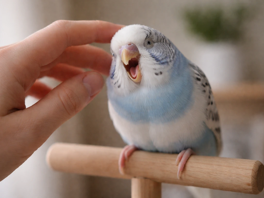 Close-up of a pet bird perched as a hand gently strokes it while the bird yawns.