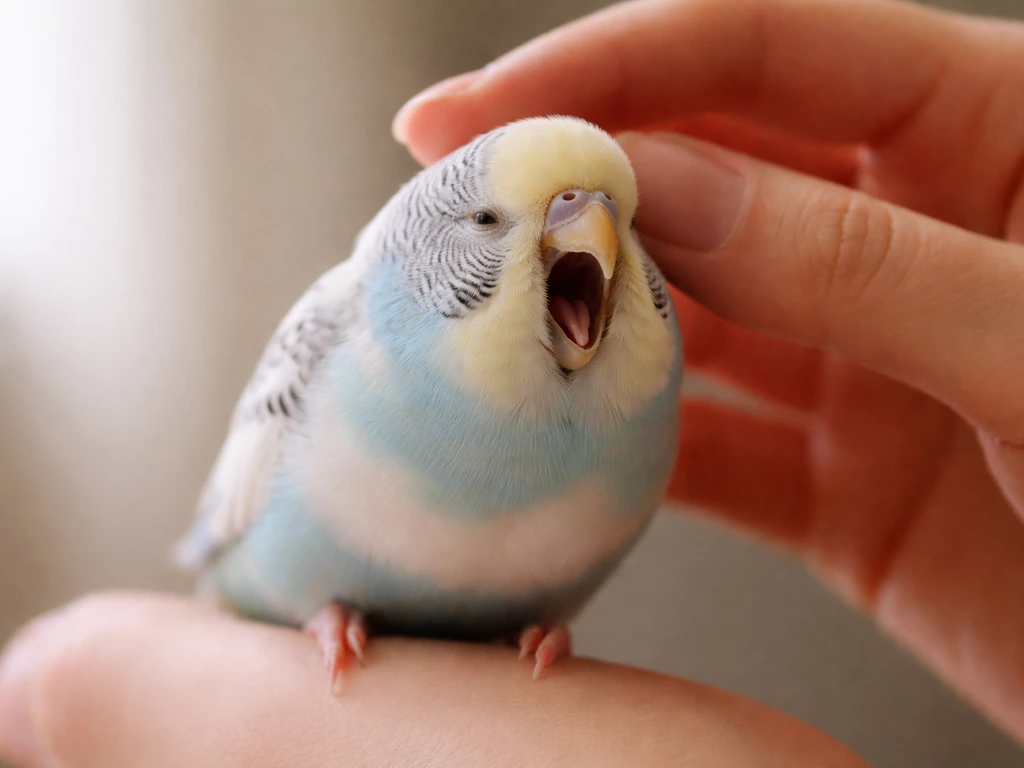 A small pet bird yawns calmly while being gently petted, relaxed on a hand indoors.