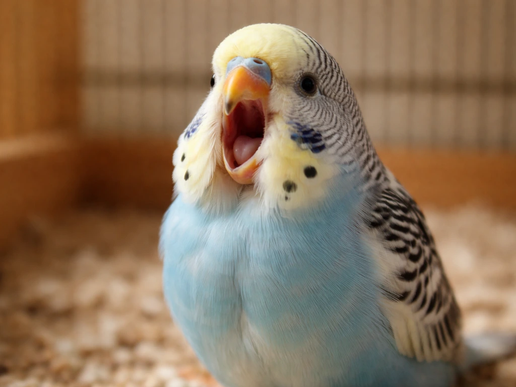 Close-up of a small bird with its beak wide open, looking like a yawn in a simple indoor setting.