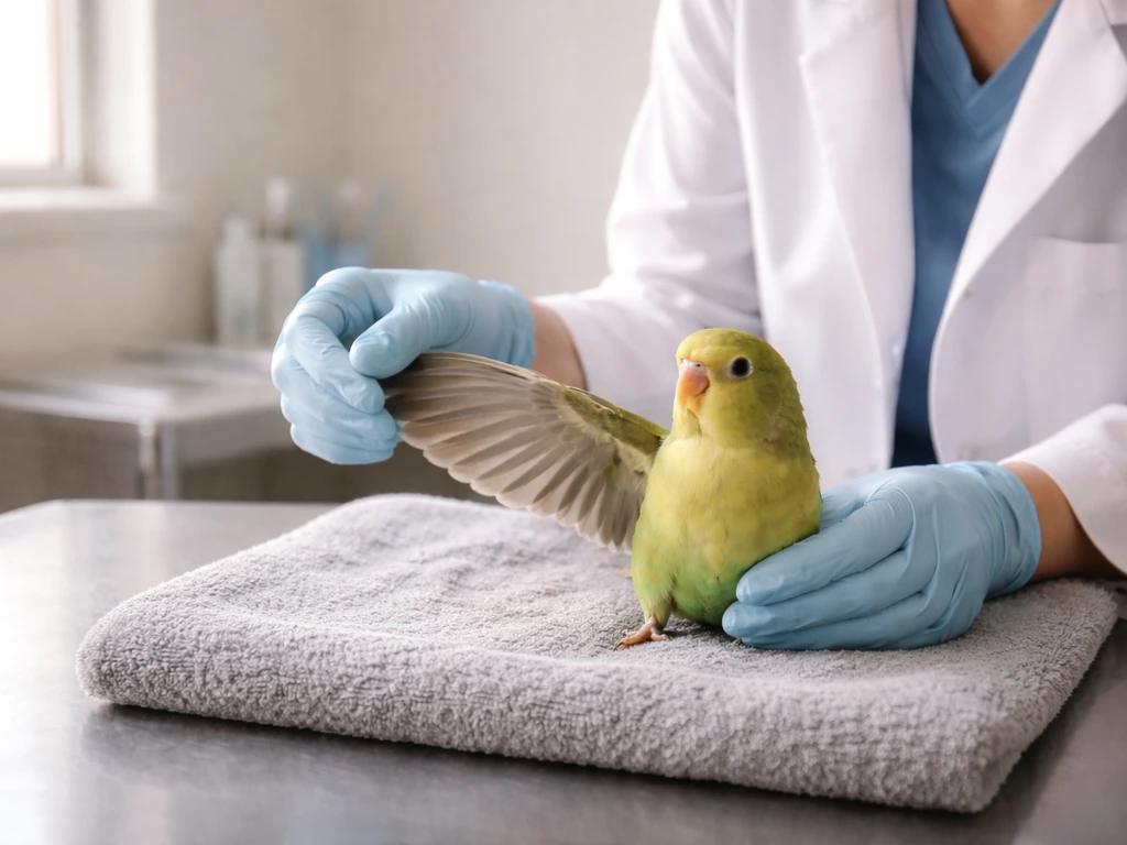 Anonymous avian vet gently examining a calm pet bird on an exam table in a quiet clinic room.