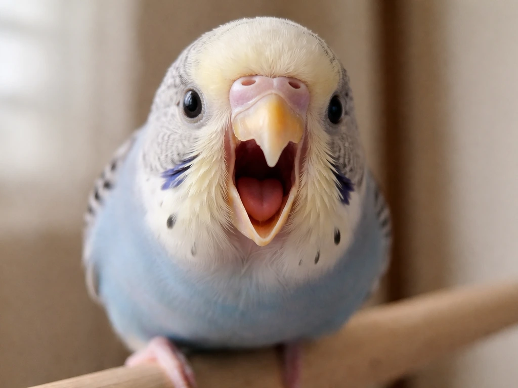Close-up of a small pet bird with its beak gaping in a retch-like posture, crisp focus on the face.
