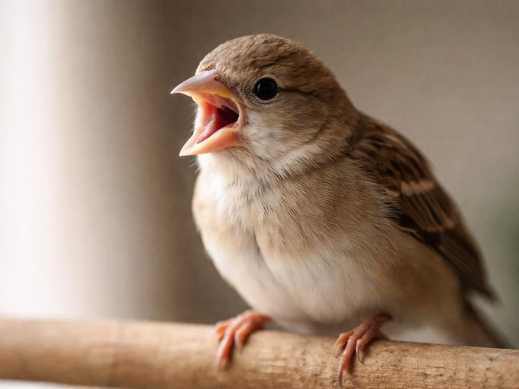 Close-up of a small bird on a perch with its beak open in a retching-like “gagging” moment.