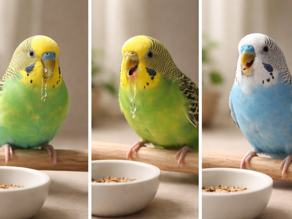 Three small pet birds in separate side-by-side moments: regurgitation, vomiting, and breathing distress.