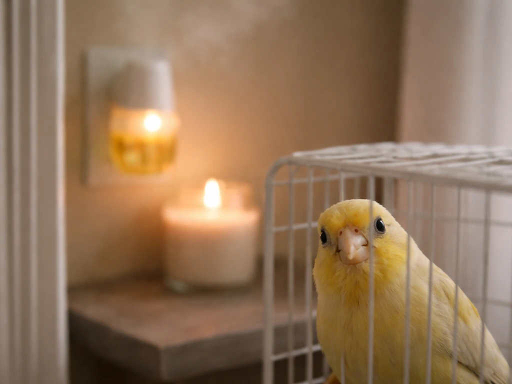 Out-of-focus scented diffuser or candle in the background with a caged bird in the foreground.