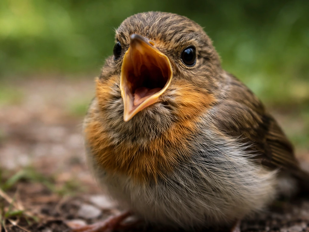 Close-up of a small bird with beak wide open, appearing to struggle to swallow in a simple natural setting.