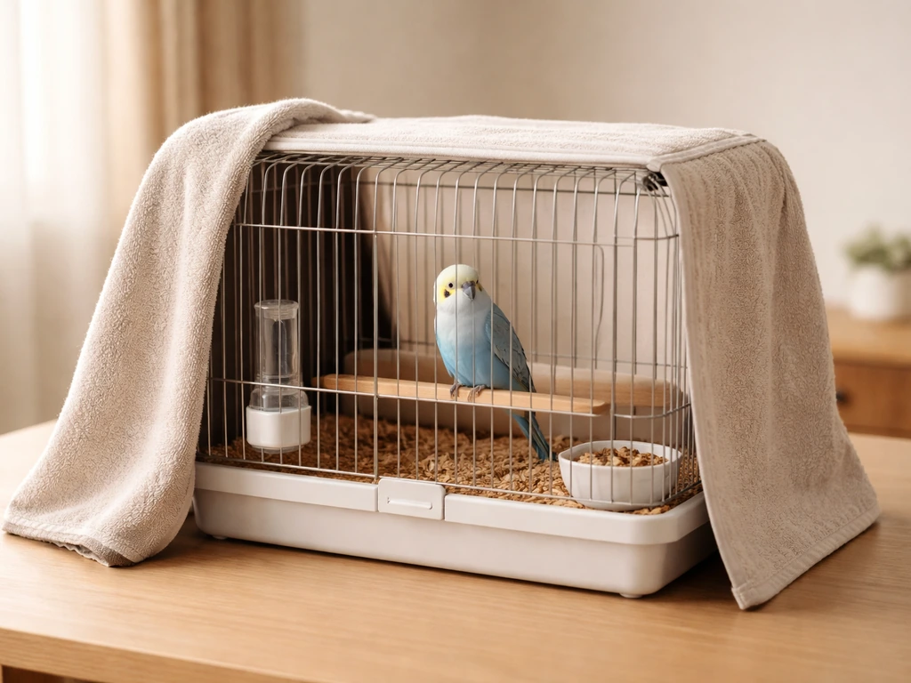 Calm pet bird resting in a covered travel cage in a warm, quiet room with soft towel cover