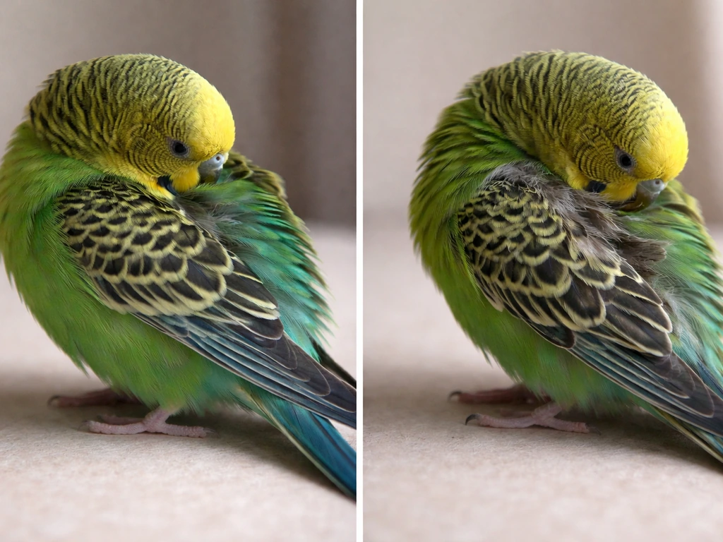 Side-by-side view of the same bird type: neat feathers during preening vs frayed, shortened feathers from biting.