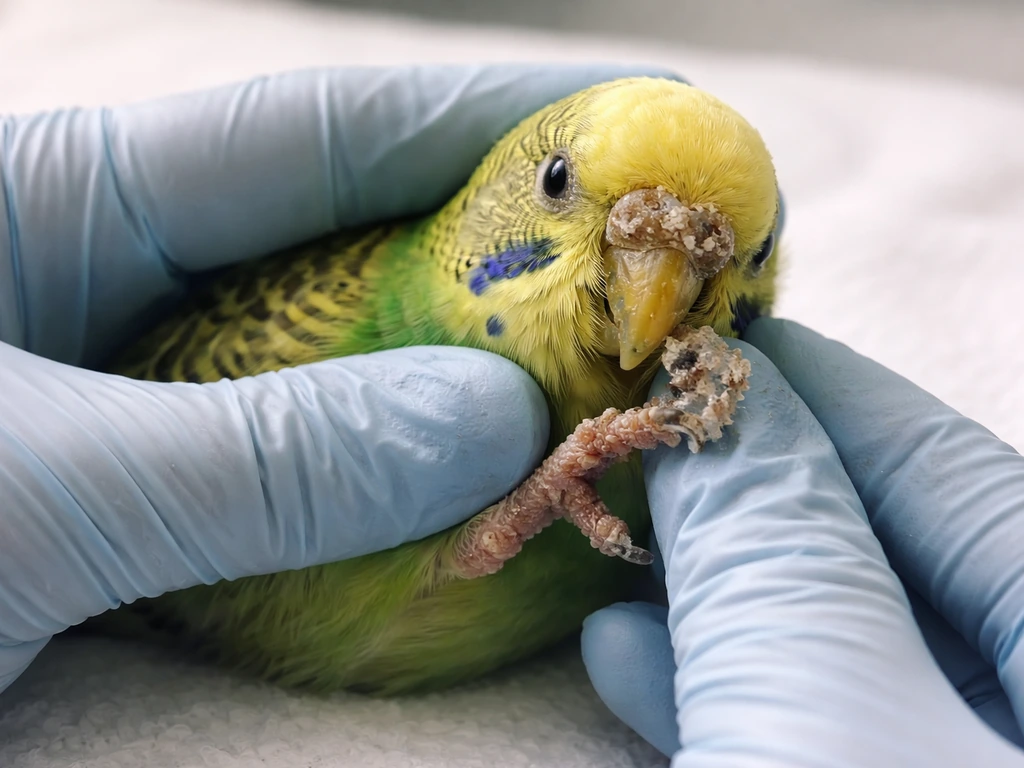 Close-up of a veterinarian examining a small bird’s scaly, irritated skin area on a light exam surface.