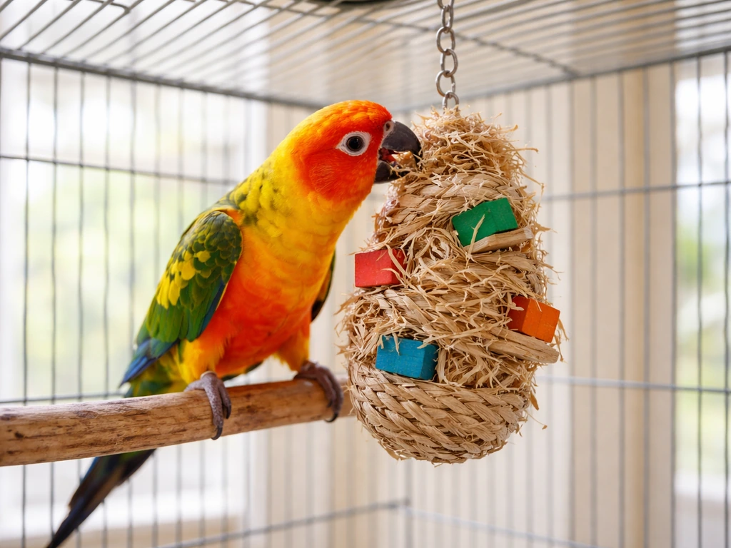 Parrot in a simple indoor cage foraging through a hanging toy, avoiding feather plucking