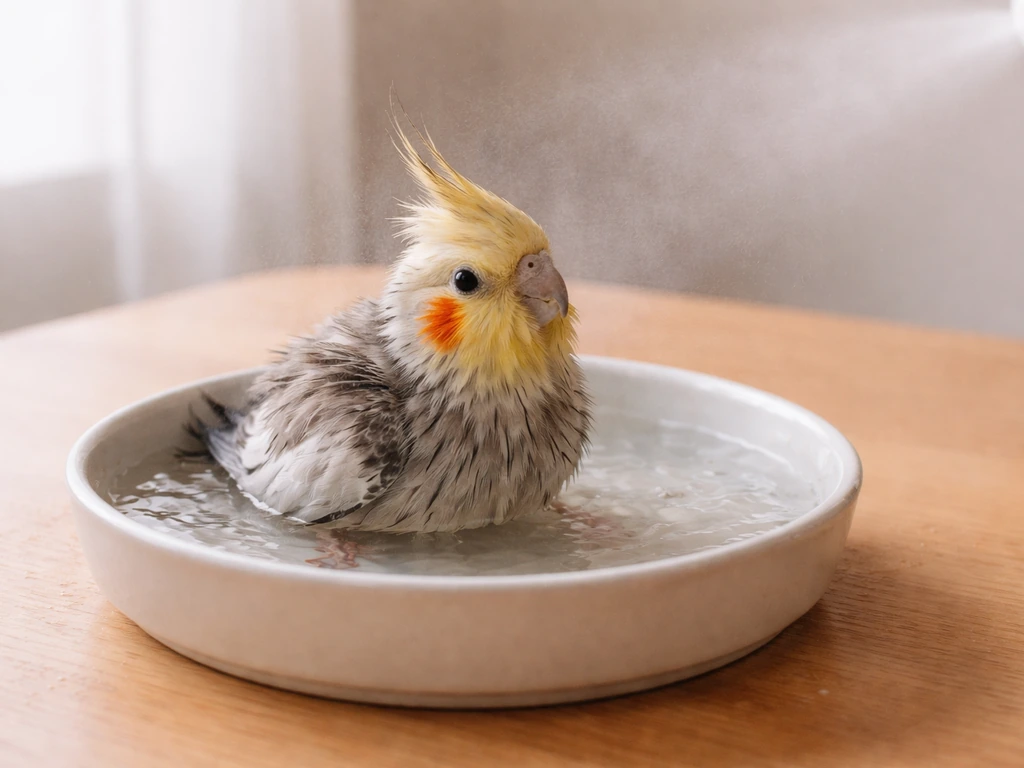 Small bird bathing in a shallow dish indoors as gentle mist supports feather and skin care.