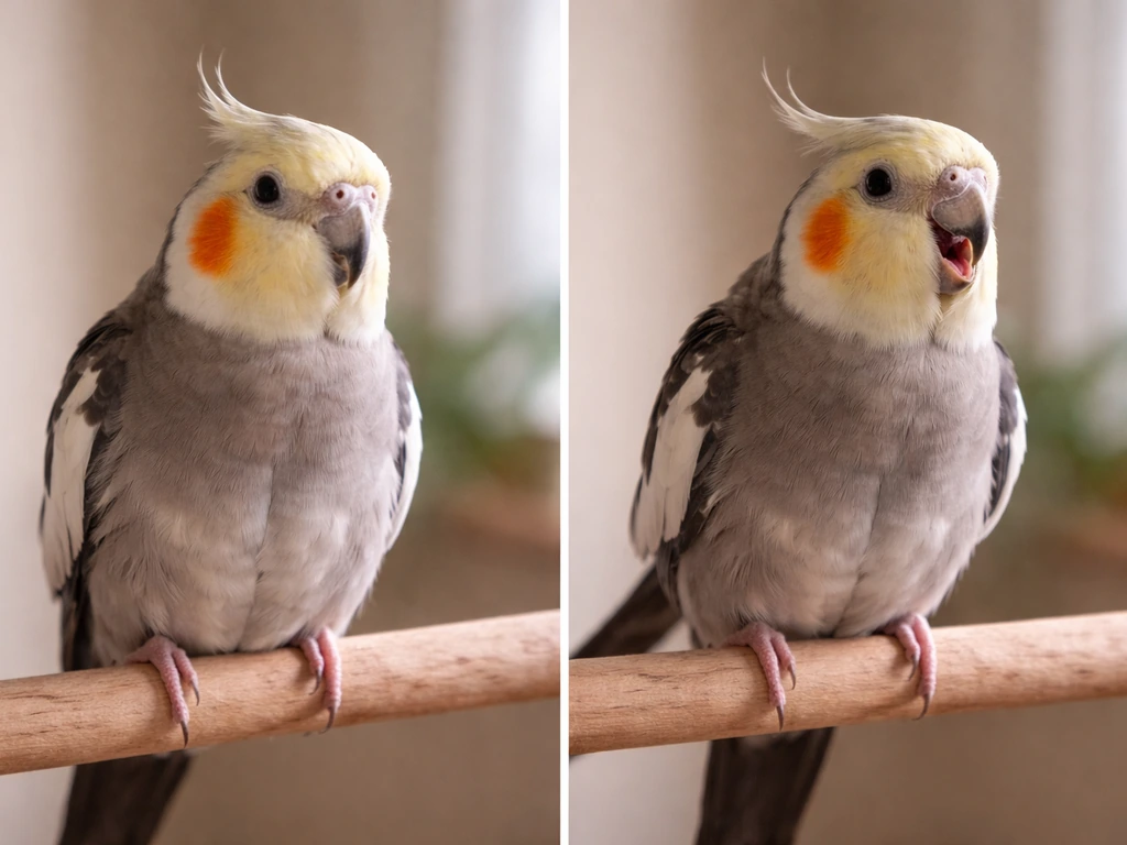 Split view of a pet bird on a perch: calm breathing vs effortful clicking with tail bobbing.