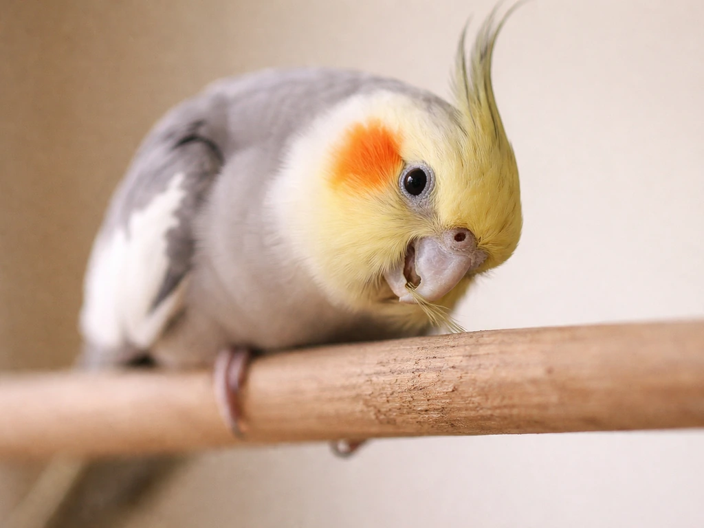 Close-up of a cockatiel relaxing and grinding its beak on a perch, producing clicking-like sounds.