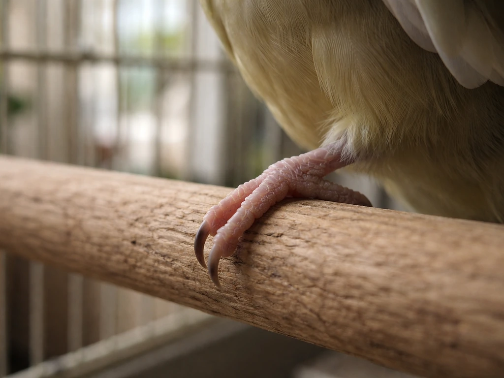 Close-up of a bird’s foot and long nails tapping on a wooden perch in a simple cage.