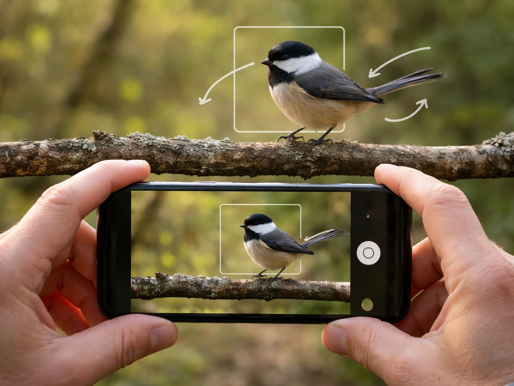 Hand holding a phone filming a bird perched outdoors, capturing body posture and tail movement.