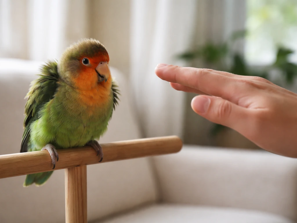 A small pet bird on a perch with alert, slightly aggressive posture while a calm hand stays nearby.