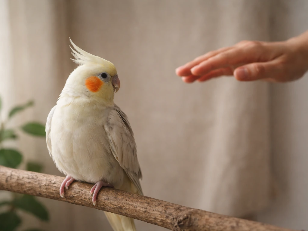 A calm bird on a wooden perch with a distant human hand, suggesting aggression isn’t hatred.